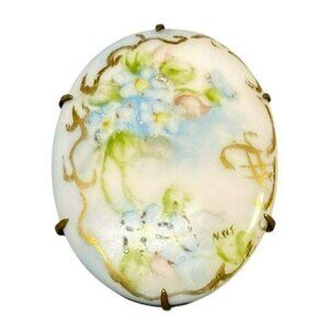 Antique Porcelain Over Brass Forget Me Not Brooch Hand-Painted Floral Design